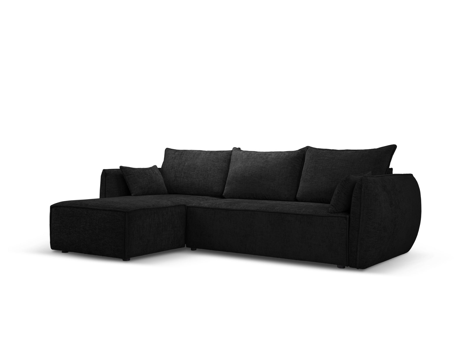 Stylisches Kaelle Ecksofa links mit Schlaffunktion und Stauraum, ideal für moderne Wohnräume, in elegantem Schwarz-Haga.