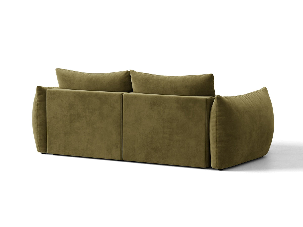 Ecksofa Bloom in Sand mit Velours-Bezug, schwarzen Kunststoffbeinen und ausklappbarer Schlaffunktion samt Bettkasten unter der Sitzfläche.