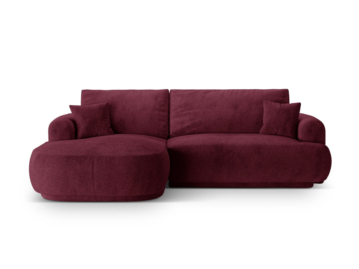 Ecksofa Ella von Micadoni in Leichtes Beige mit Veloursstoff-Bezug, schwarzen Kunststoffbeinen und ausklappbarer Liegefläche links, Retro-Form.