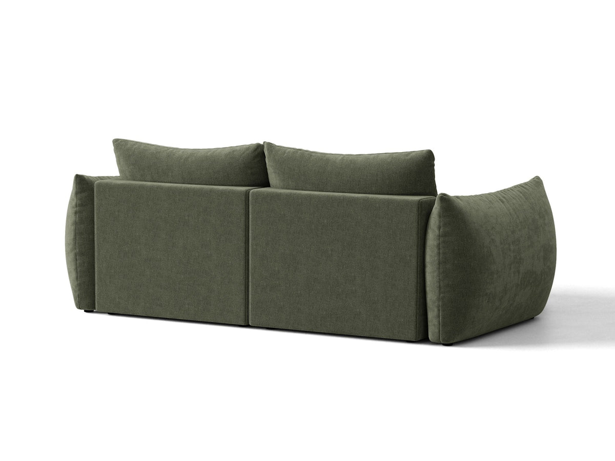 Ecksofa Bloom in Sand mit Velours-Bezug, schwarzen Kunststoffbeinen und ausklappbarer Schlaffunktion samt Bettkasten unter der Sitzfläche.