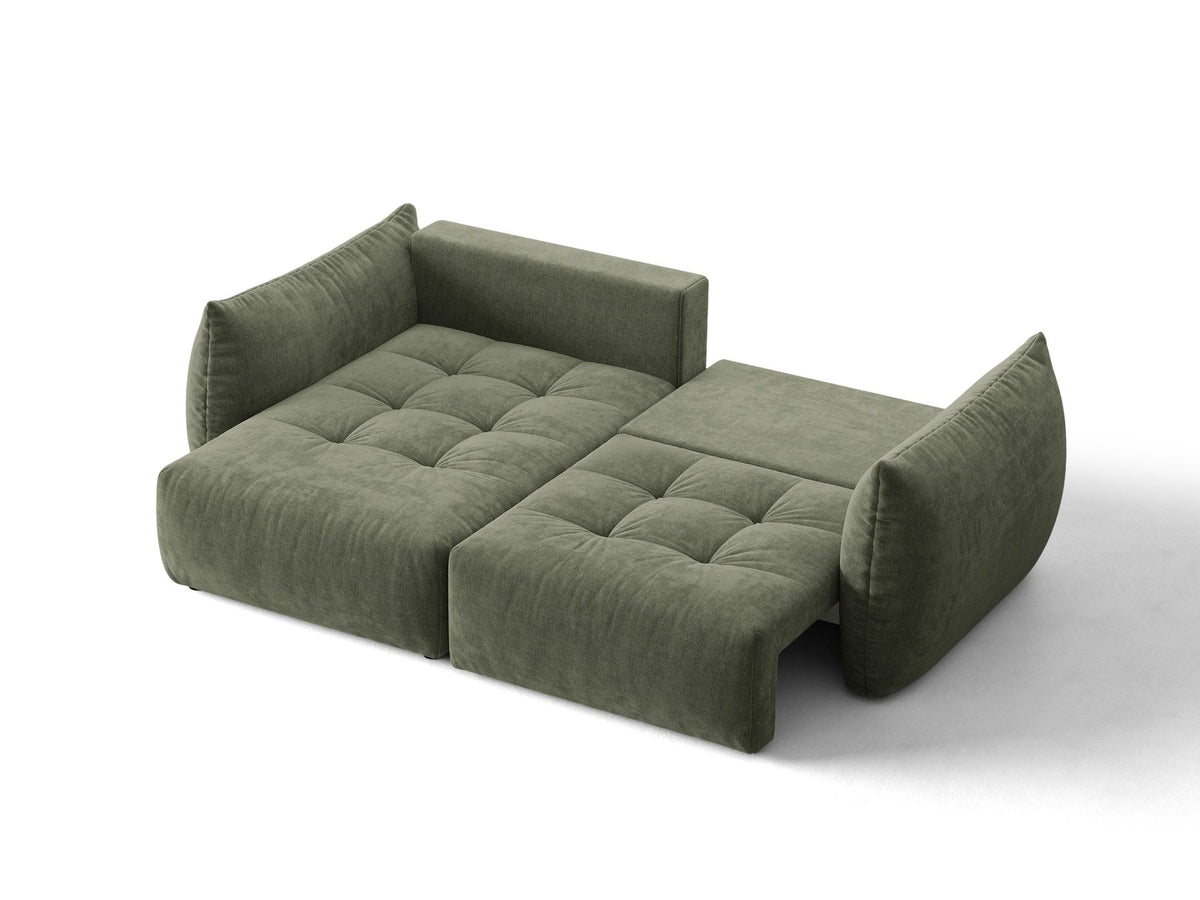 Ecksofa Bloom in Sand mit Velours-Bezug, schwarzen Kunststoffbeinen und ausklappbarer Schlaffunktion samt Bettkasten unter der Sitzfläche.