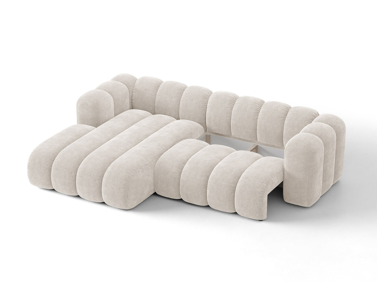 Lupine Ecksofa mit Bettfunktion und Stauraum links, Bezug aus Stoff Eden in Leichtes beige, schwarze Kunststoffbeine, Ecksofa-Form von Micadoni.