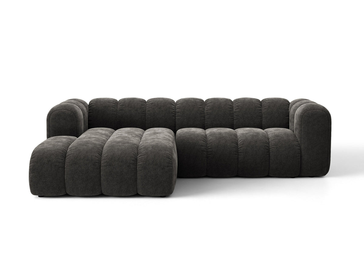 Lupine Ecksofa mit Bettfunktion und Stauraum links, Bezug aus Stoff Eden in Leichtes beige, schwarze Kunststoffbeine, Ecksofa-Form von Micadoni.