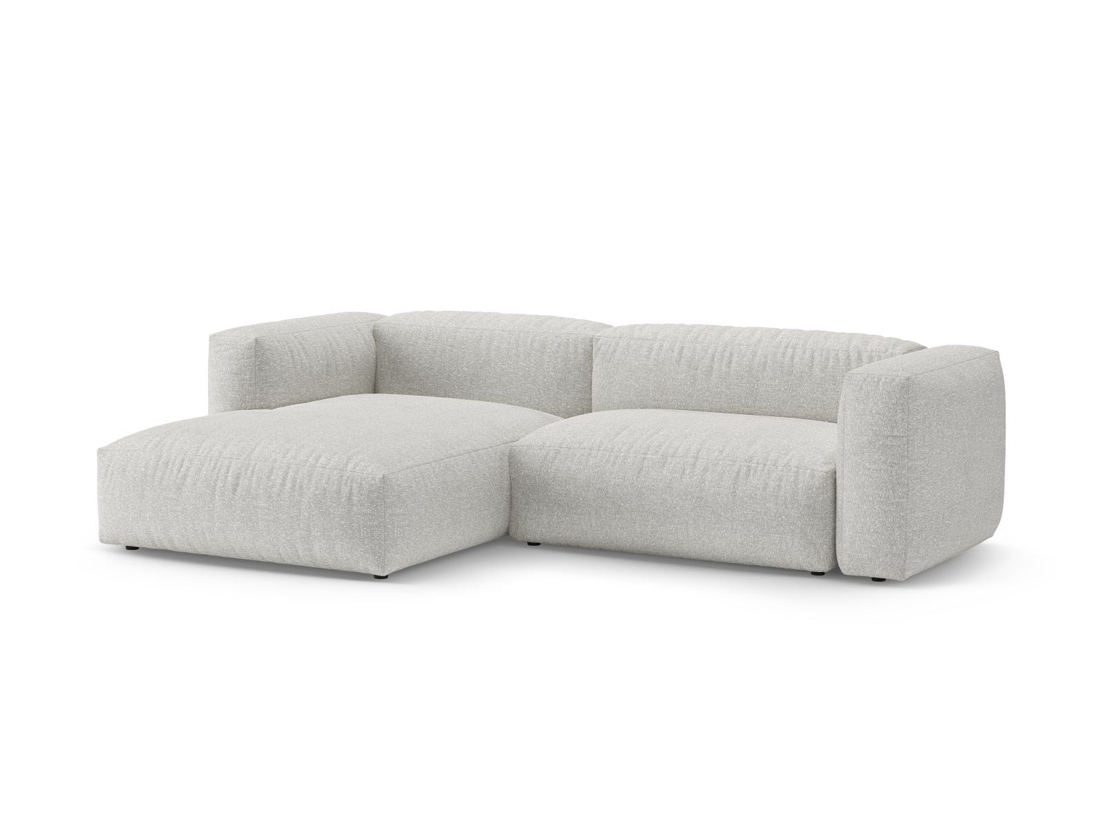 Stylisches 4-Sitzer Ecksofa links mit praktischer Bettfunktion und Stauraum, Modell Martina in elegantem Grey Beige Melange.