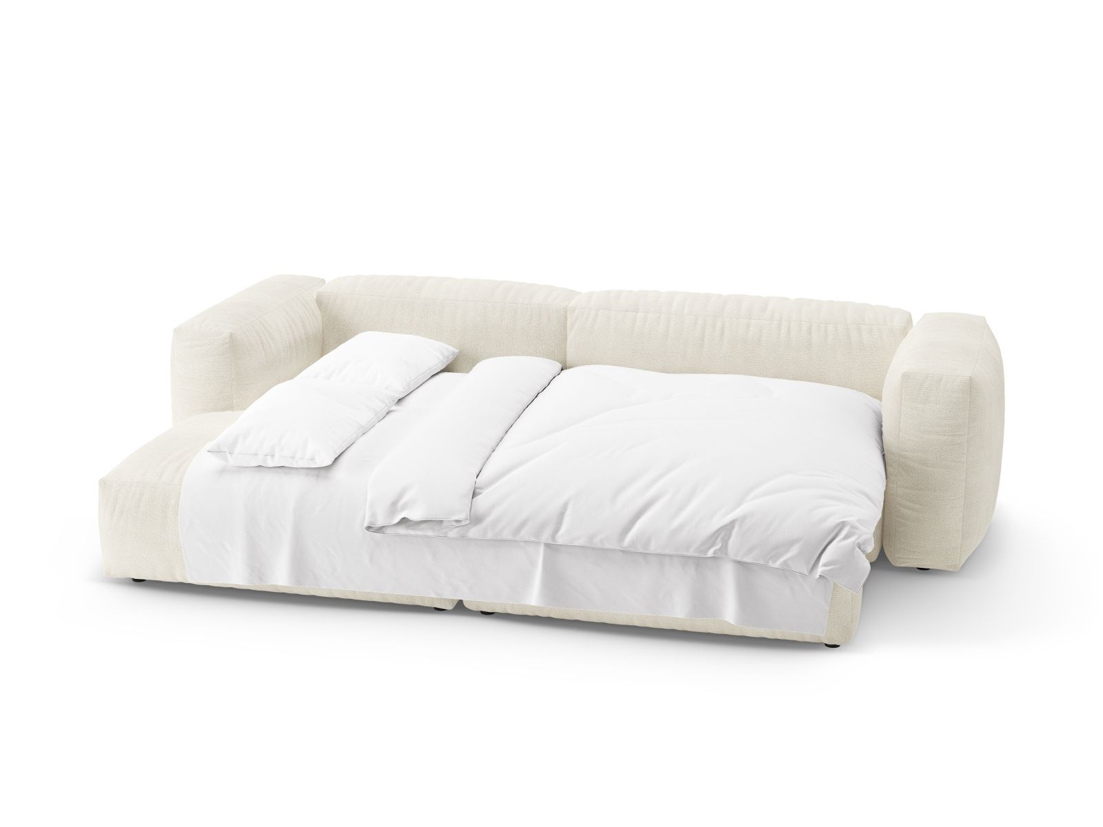 Modernes 4-Sitzer Ecksofa Martina in Ivory-Monet, perfekt für gemütliche Abende, bietet Schlaffunktion und zusätzlichen Stauraum.