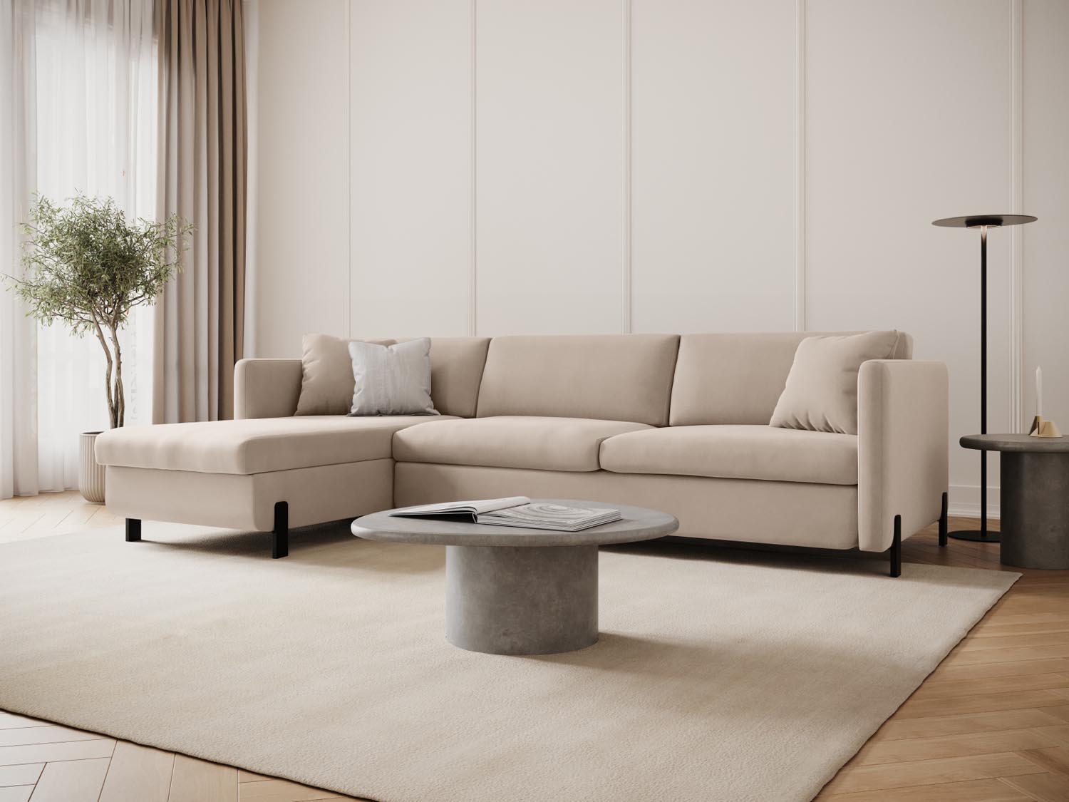 Beige Velour Ecksofa mit Schlaffunktion und Stauraum, 5-Sitzer, stilvoll und funktional, ideal für moderne Wohnräume.