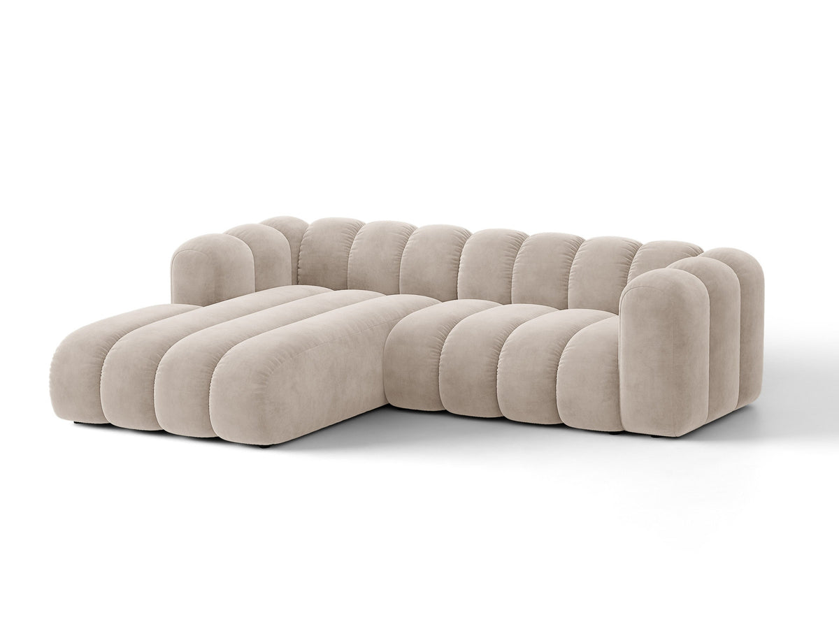 Lupine Ecksofa mit Bettfunktion und Stauraum links, Bezug aus Stoff Eden in Leichtes beige, schwarze Kunststoffbeine, Ecksofa-Form von Micadoni.