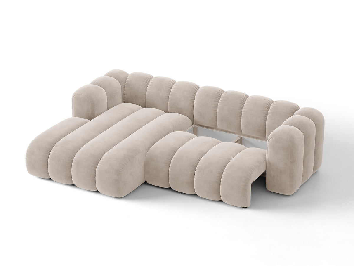 Lupine Ecksofa mit Bettfunktion und Stauraum links, Bezug aus Stoff Eden in Leichtes beige, schwarze Kunststoffbeine, Ecksofa-Form von Micadoni.
