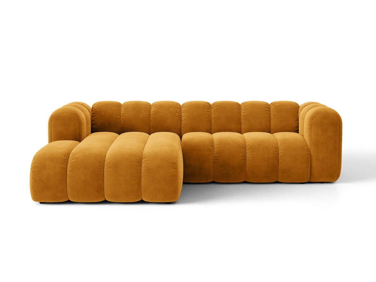 Lupine Ecksofa mit Bettfunktion und Stauraum links, Bezug aus Stoff Eden in Leichtes beige, schwarze Kunststoffbeine, Ecksofa-Form von Micadoni.