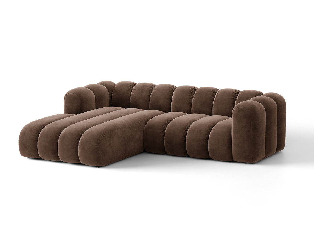 Lupine Ecksofa mit Bettfunktion und Stauraum links, Bezug aus Stoff Eden in Leichtes beige, schwarze Kunststoffbeine, Ecksofa-Form von Micadoni.