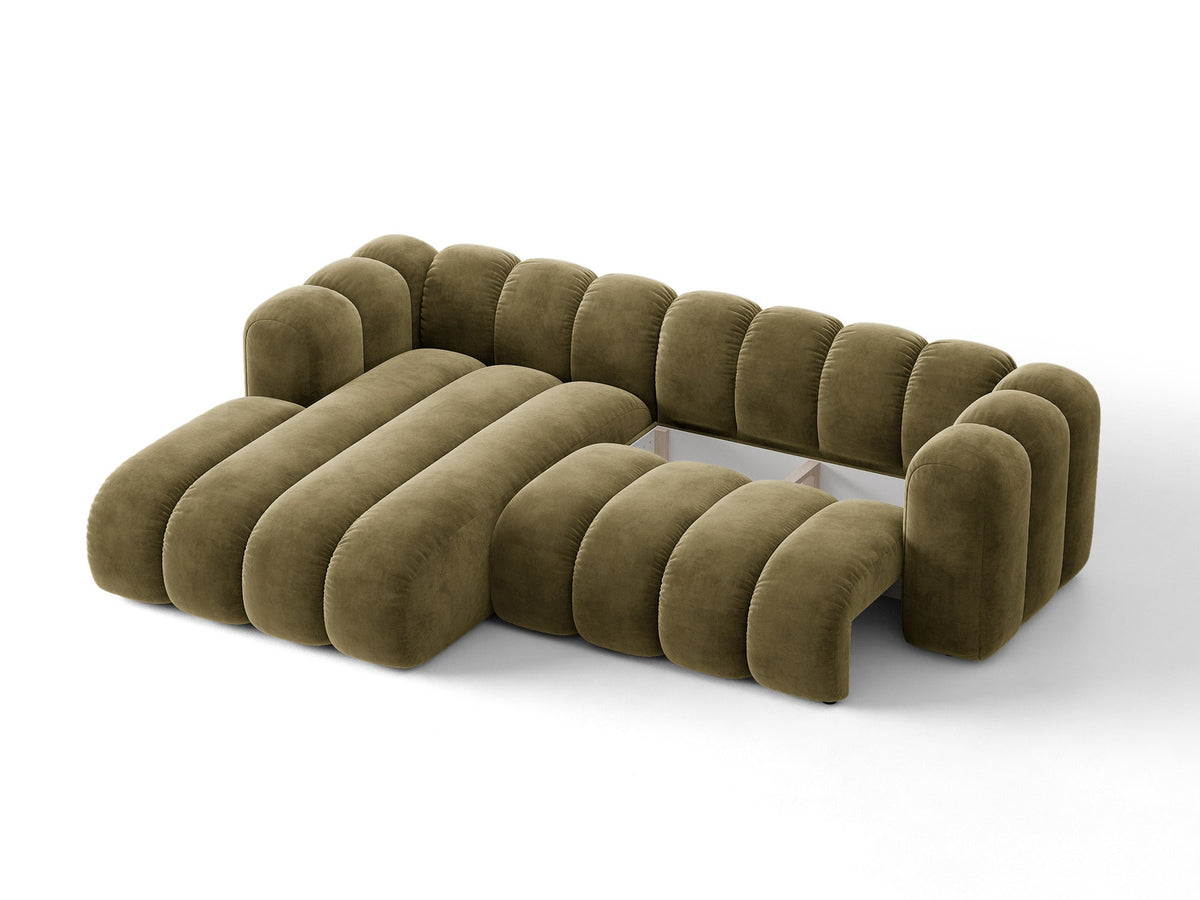 Lupine Ecksofa mit Bettfunktion und Stauraum links, Bezug aus Stoff Eden in Leichtes beige, schwarze Kunststoffbeine, Ecksofa-Form von Micadoni.