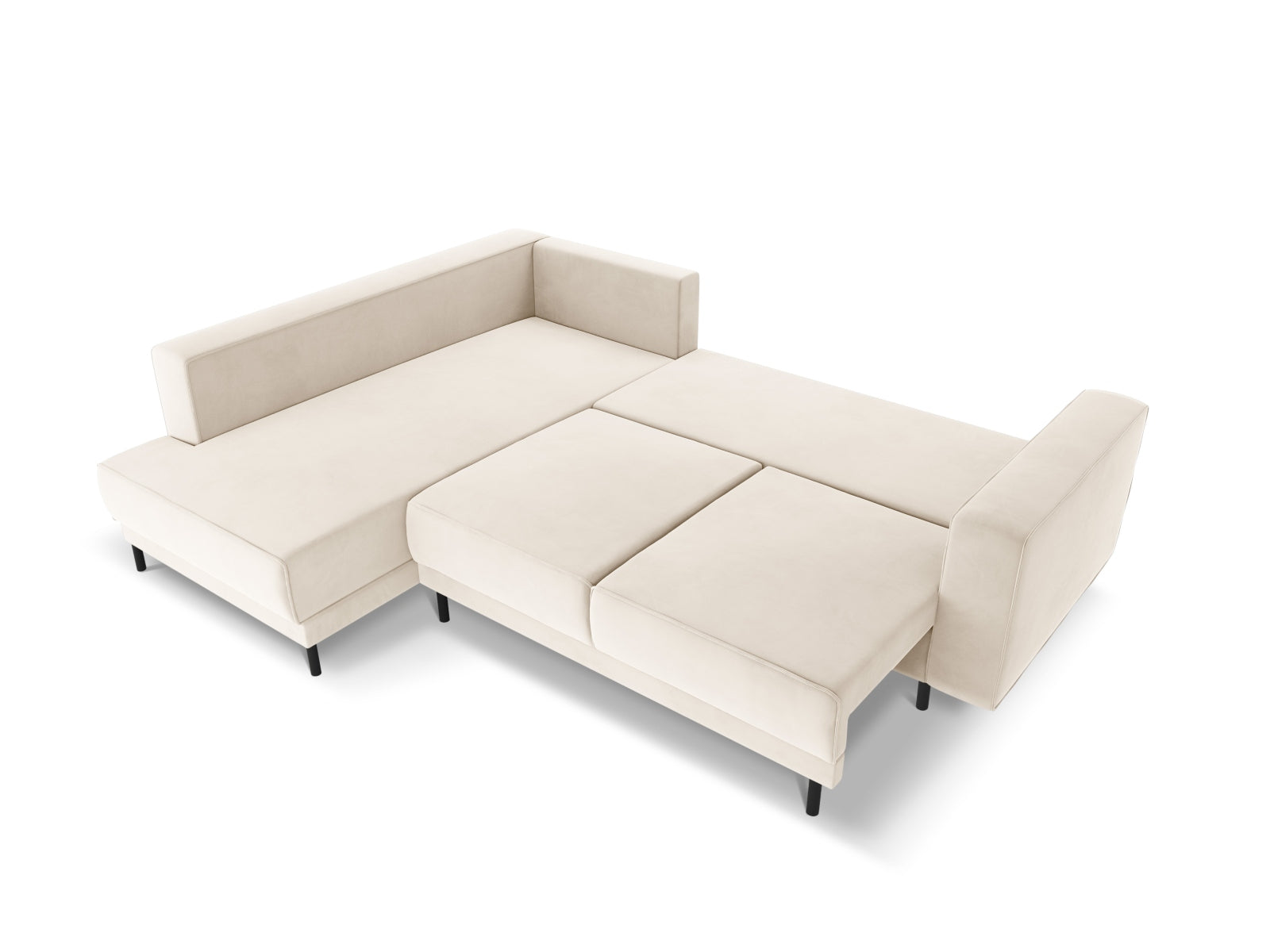 Elegantes Caro Velour Ecksofa in hellem Beige, 5-Sitzer mit Schlafoption, ideal für stilvolle Wohnräume und Übernachtungsgäste.