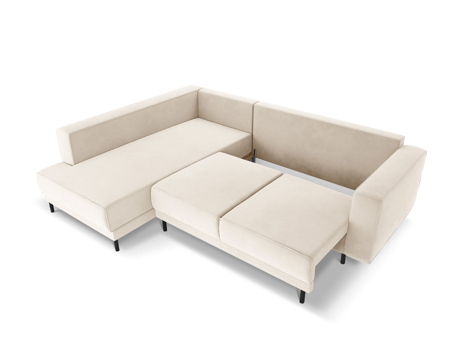 Modernes Caro Velour Ecksofa in sanftem Beige, 5-Sitzer mit praktischer Schlaffunktion, perfekt für gemütliche Abende und Gästeübernachtungen.