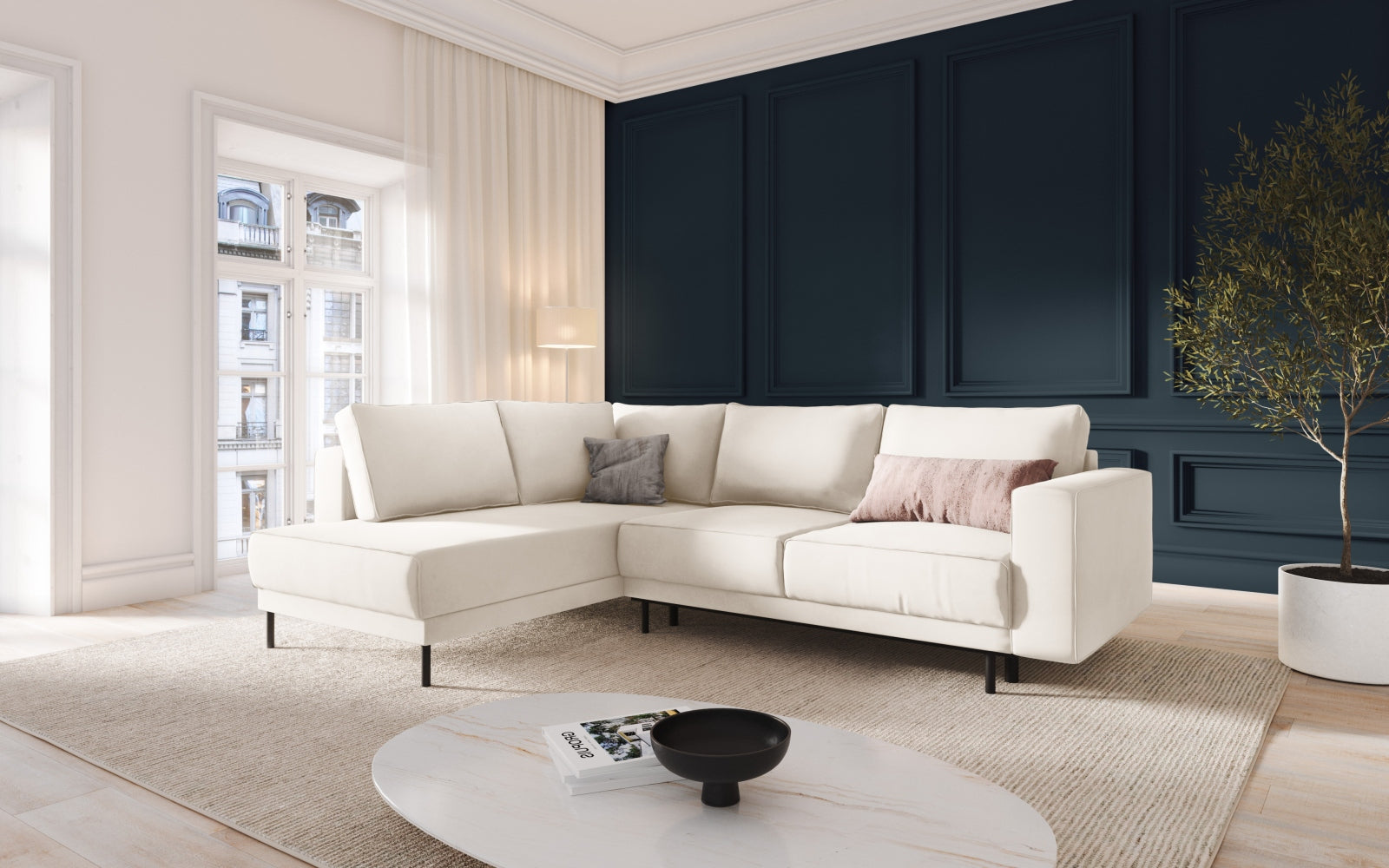 Elegantes Caro Velour Ecksofa in Light Beige-Bluvel, 5-Sitzer mit Schlaffunktion, ideal für stilvolle Wohnräume.