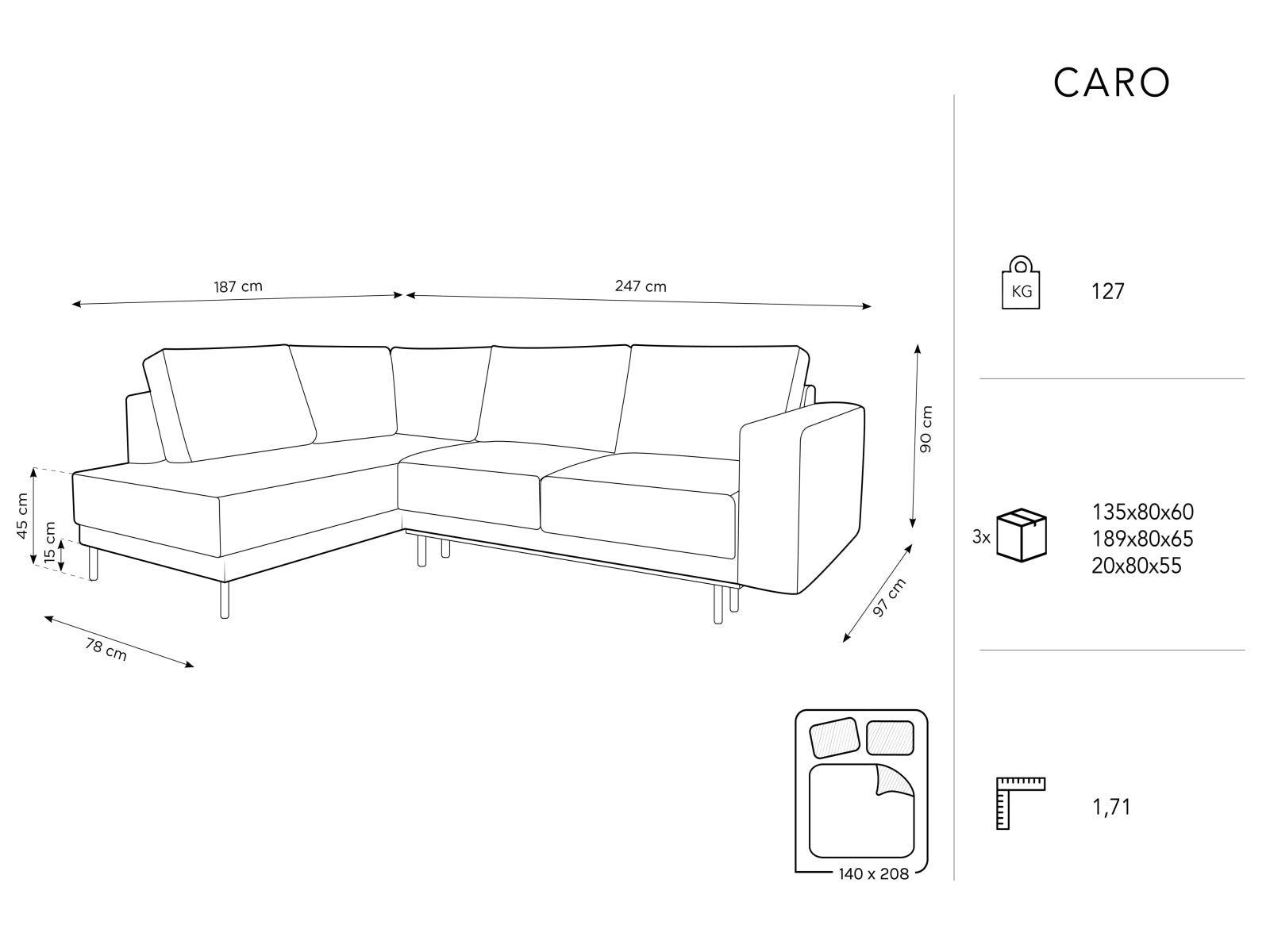 Elegantes Caro Velour Ecksofa in Royal Blue, 5-Sitzer mit Schlafoption, ideal für stilvolle Wohnräume und entspannte Nächte.