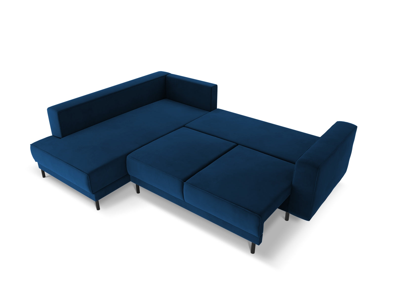 Elegantes Caro Velour Ecksofa in Royal Blue, 5-Sitzer mit Schlafoption, ideal für stilvolle Wohnräume und spontane Übernachtungen.