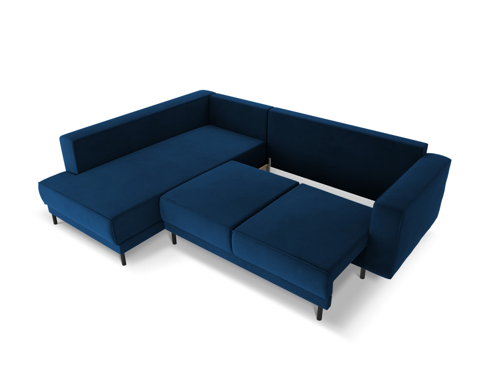 Modernes Caro Velour Ecksofa in Royal Blue, 5-Sitzer mit praktischer Schlaffunktion, perfekt für gemütliche Abende und Gästeübernachtungen.