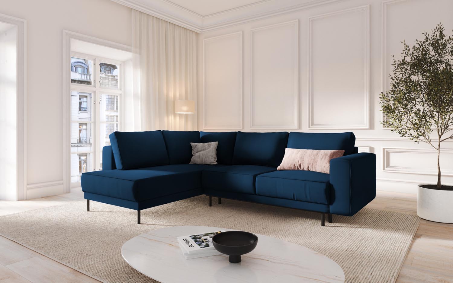 Elegantes Caro Velour Ecksofa in Royal Blue, 5-Sitzer mit Schlaffunktion, ideal für stilvolle Wohnräume und entspannte Nächte.