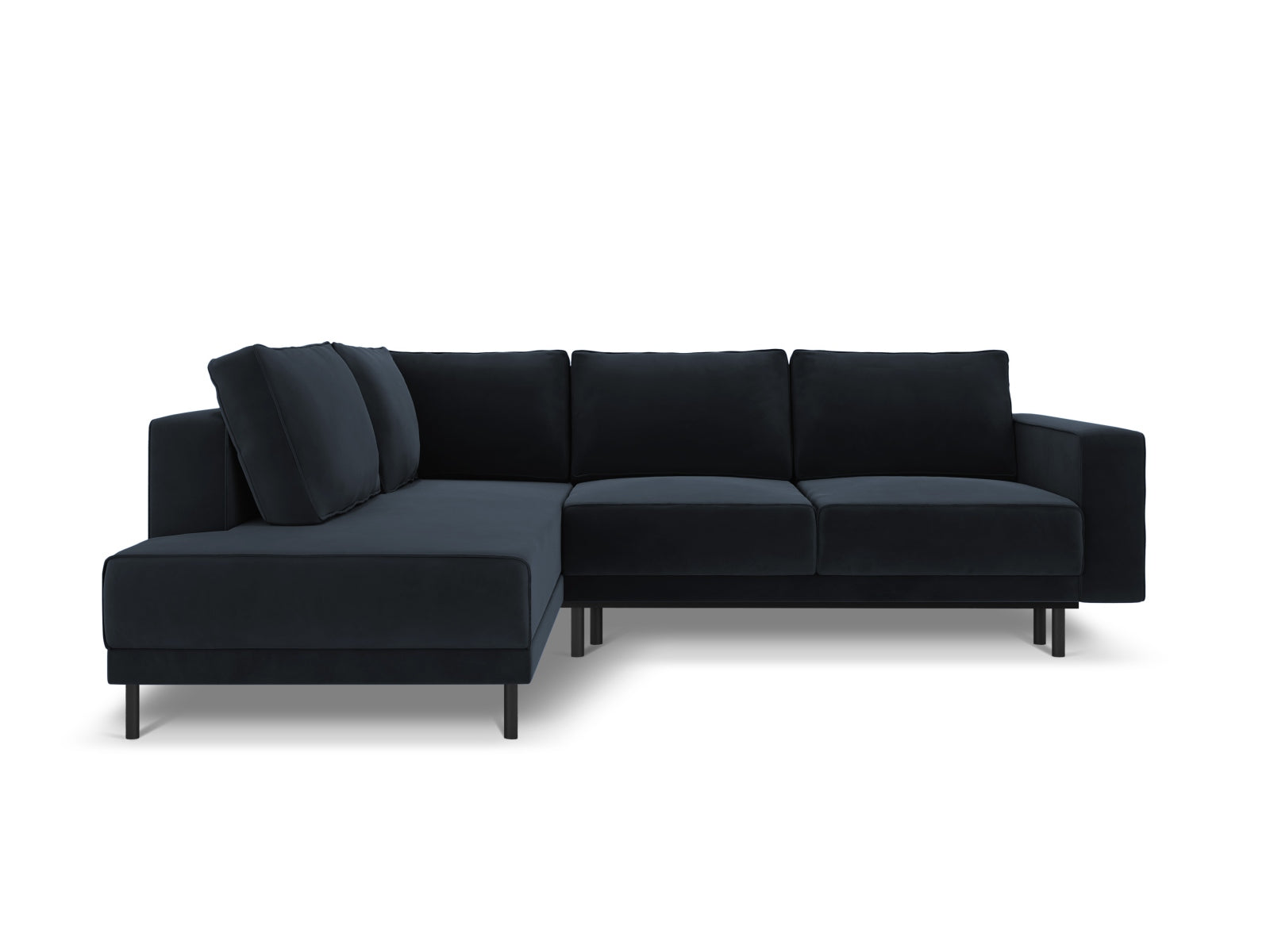 Modernes Caro Velour Ecksofa in Dunkelblau, 5-Sitzer mit praktischer Schlaffunktion, perfekt für gemütliche Abende und Gästeübernachtungen.