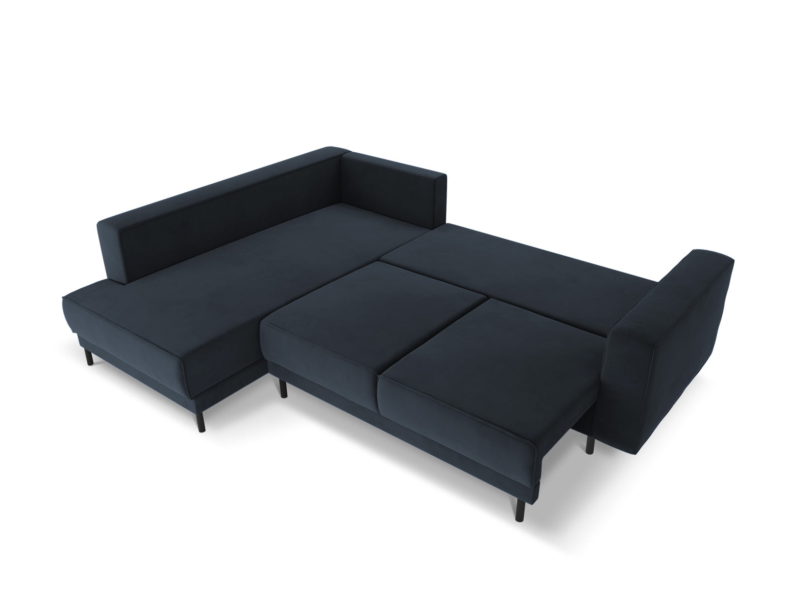 Elegantes Caro Velour Ecksofa in tiefem Blau, 5-Sitzer mit Schlafoption, ideal für stilvolle Wohnräume und spontane Übernachtungen.