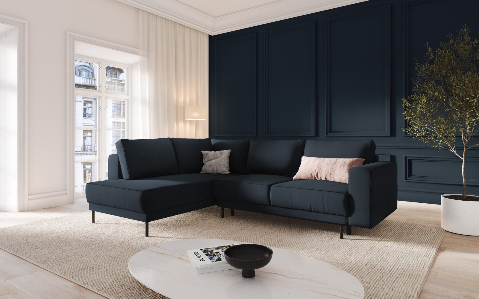 Elegantes Caro Velour Ecksofa in Dunkelblau, 5-Sitzer mit Schlaffunktion, ideal für stilvolle Wohnräume und entspannte Nächte.