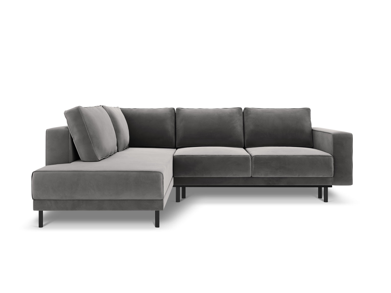 Elegantes linksseitiges Ecksofa Caro Velour in sanftem Hellgrau, perfekt für entspannte Stunden und als Schlafplatz, von Micadoni.