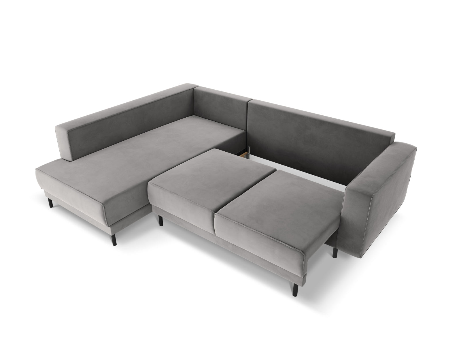 Elegantes linksseitiges Ecksofa Caro Velour in sanftem Hellgrau, perfekt für entspannte Stunden und als Schlafsofa von Micadoni.