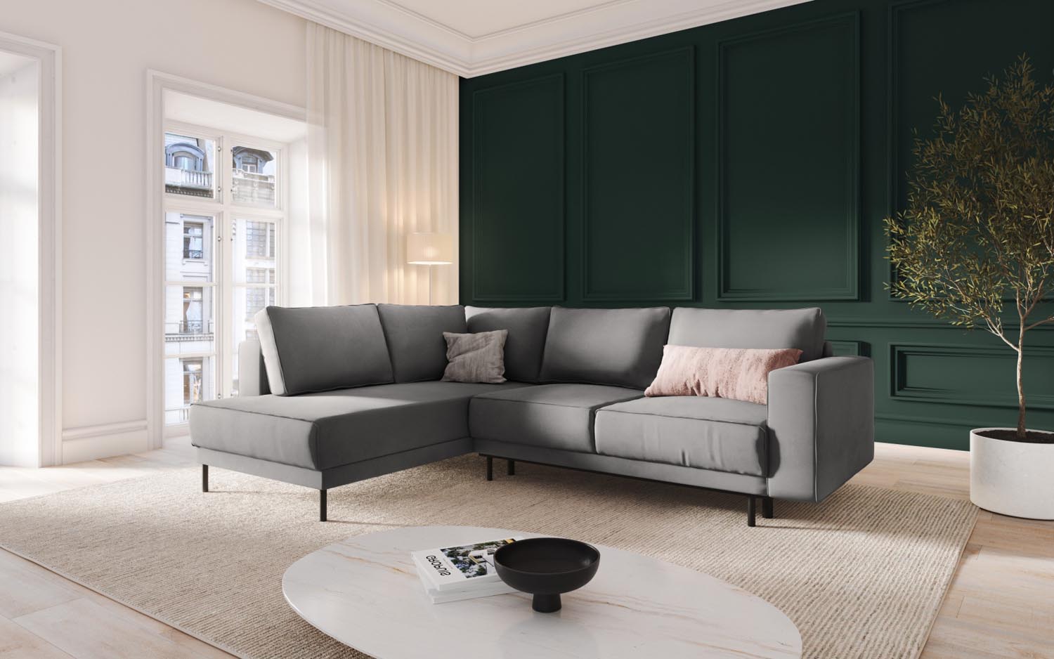 Stylisches Caro Velour Ecksofa in Hellgrau mit Schlaffunktion, ideal für gemütliche Abende und als Schlafgelegenheit, präsentiert von Micadoni.
