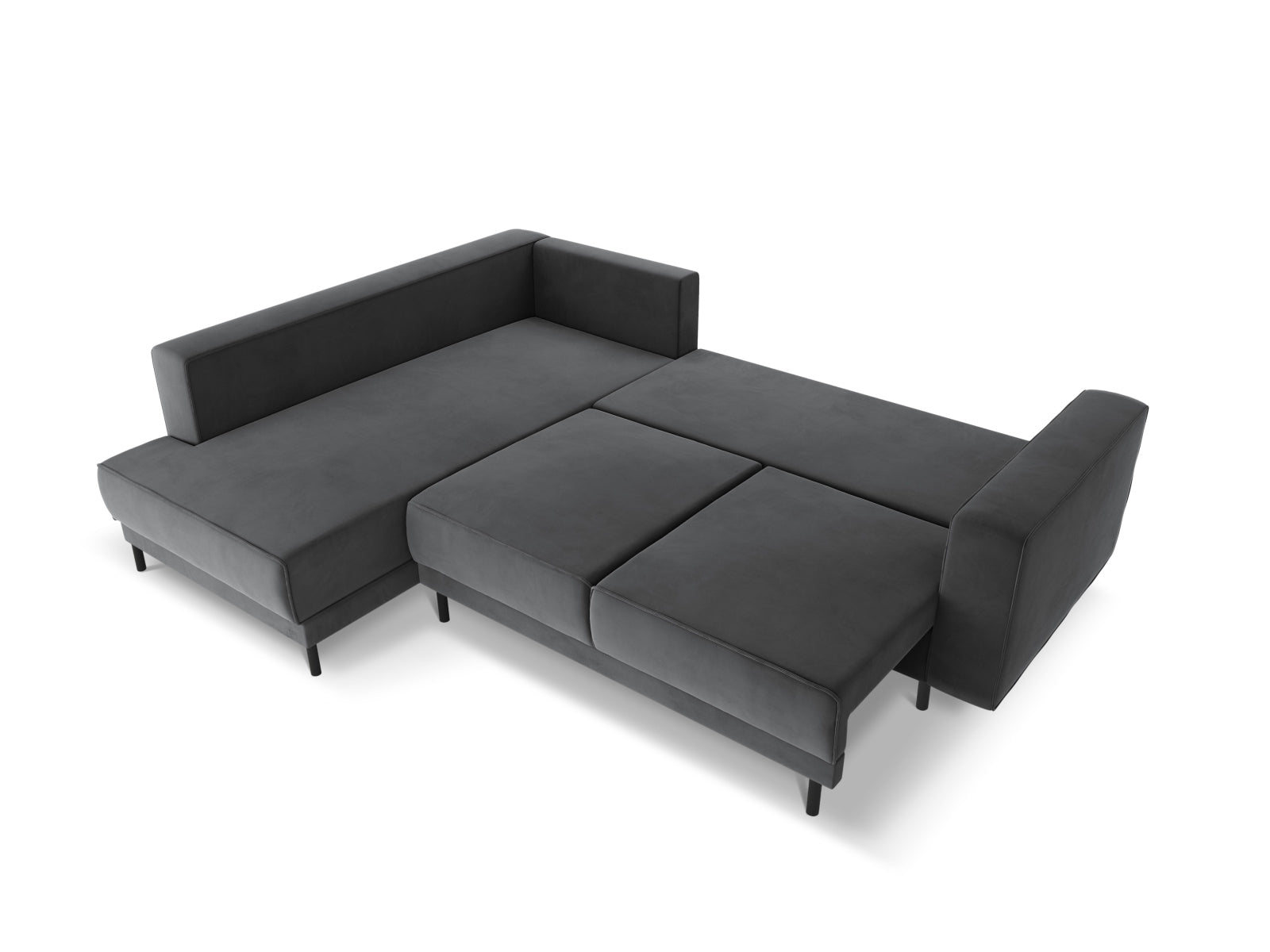 Elegantes Caro Velour Ecksofa in Grau-Blau, 5-Sitzer mit komfortabler Schlaffunktion, ideal für stilvolle Wohnräume und Übernachtungen.