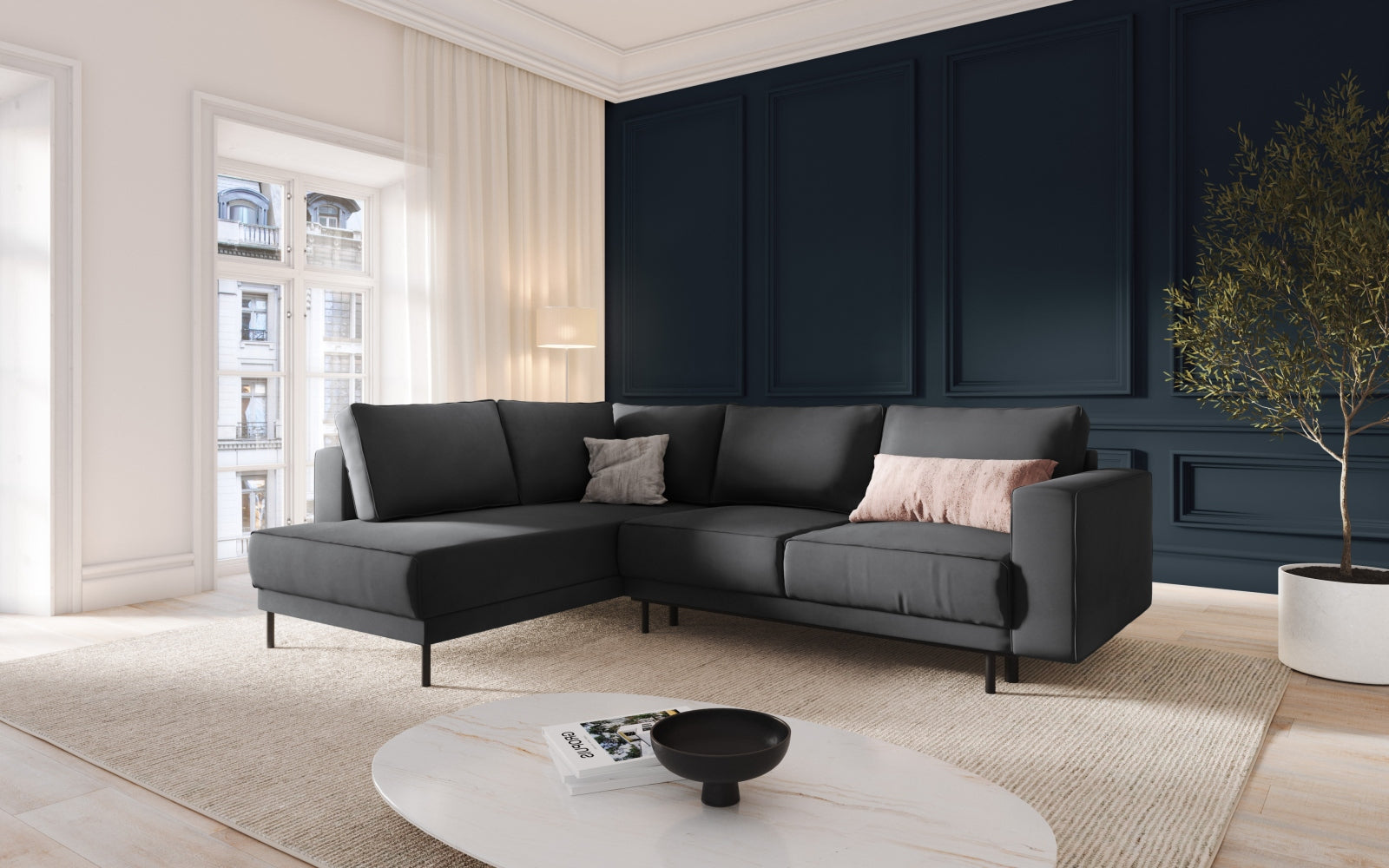 Elegantes Caro Velour Ecksofa in Grau-Blau, 5-Sitzer mit Schlaffunktion, ideal für stilvolle Wohnräume und gemütliche Nächte.