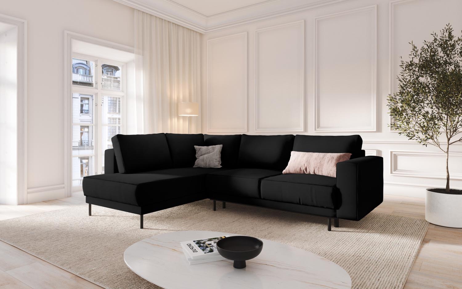 Erleben Sie das elegante Caro Velour Ecksofa von Micadoni – ein 5-Sitzer mit praktischer Schlaffunktion, perfekt für stilvolle Wohnräume und entspannte Nächte.