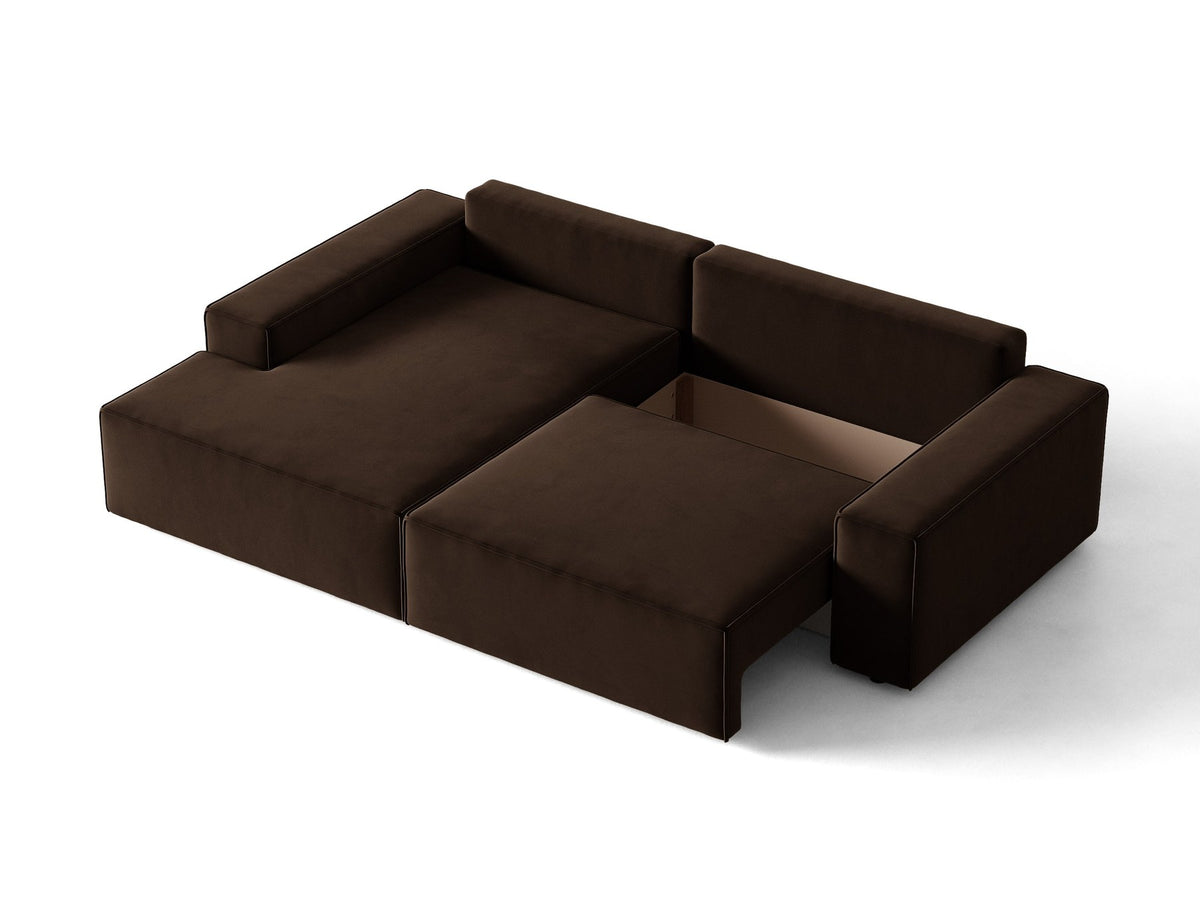 Braunes Ecksofa Jodie von Micadoni mit linker Ausrichtung, Baloo-Stoffbezug, schwarzen Kunststoffbeinen und ausklappbarem Bettkasten.