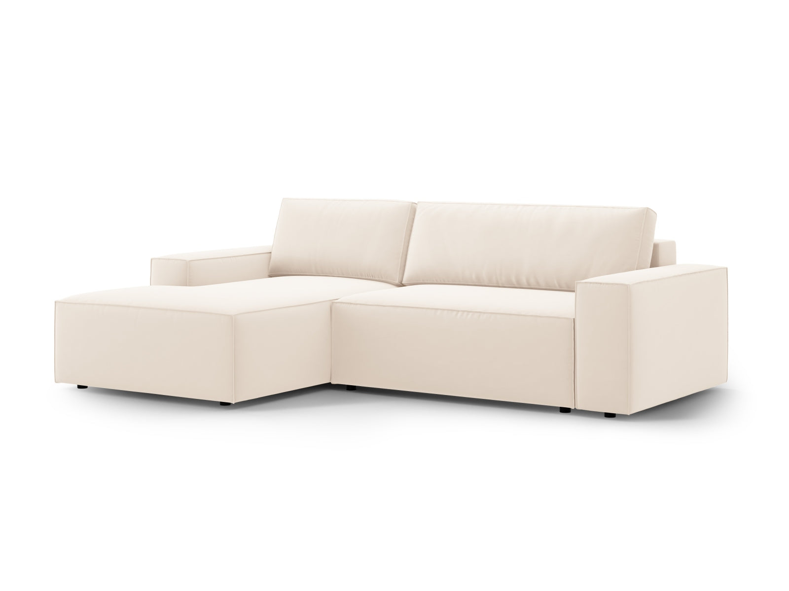 Modernes Jodie Velour Ecksofa in sanftem Beige, bietet Komfort und Funktionalität mit Schlaffunktion und Stauraum für Ihr Zuhause.