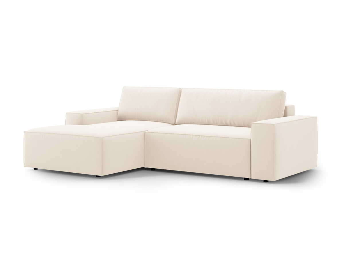 Jodie Velour Ecksofa links mit Schlaffunktion und Stauraumbox 3 Sitzer in Light Beige-Bluvel präsentiert im Onlineshop von KAQTU Design AG. Bettsofa links ist von Micadoni