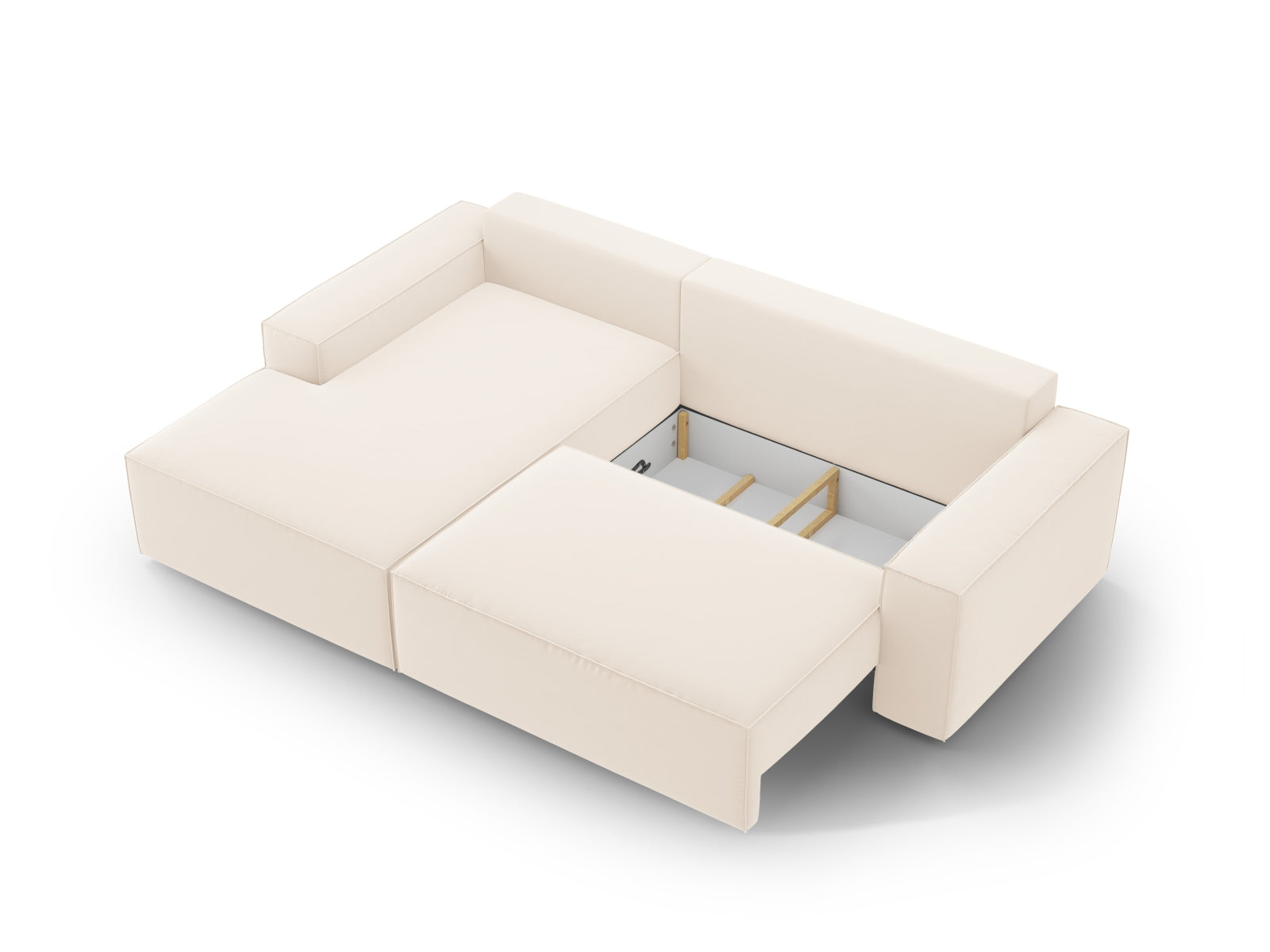 Beiges Jodie Velour Ecksofa mit Schlaffunktion und Stauraum, perfekt für gemütliche Abende und stilvolle Einrichtungsideen.