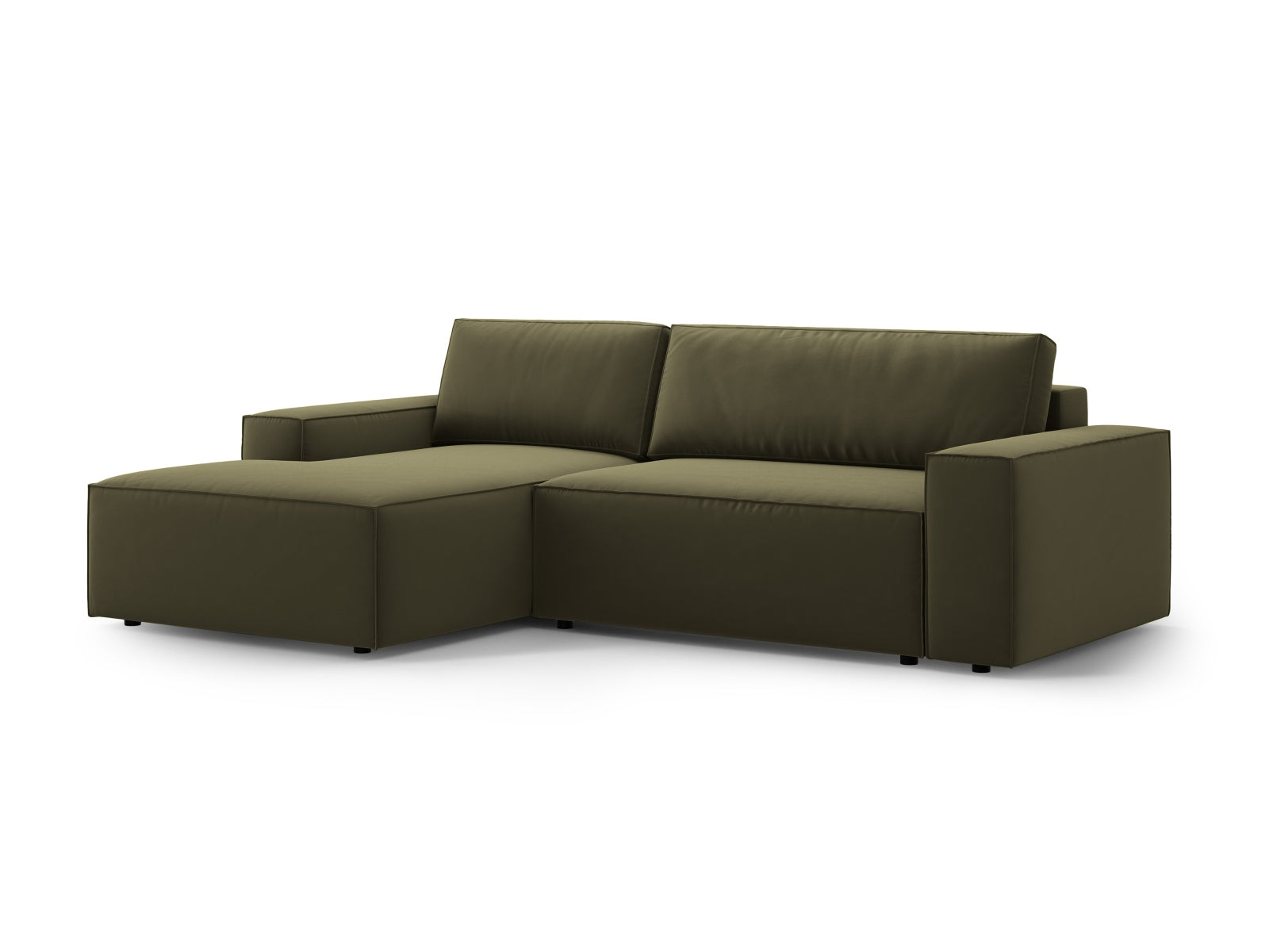 Erleben Sie das elegante Jodie Velour Ecksofa links mit praktischer Schlaffunktion und Stauraum. Perfekt für stilvolle Wohnräume und spontane Übernachtungen.