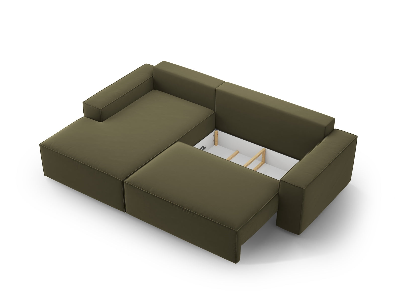 Stylisches Jodie Velour Ecksofa in sanftem Grün-Bluvel, linksseitig, ideal für entspannte Abende und als Schlafgelegenheit mit praktischem Stauraum.