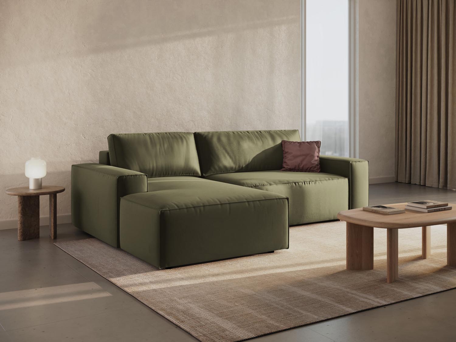 Elegantes Jodie Velour Ecksofa in Grün-Bluvel, linksseitig, mit Schlaffunktion und Stauraum, ideal für stilvolle Wohnräume.