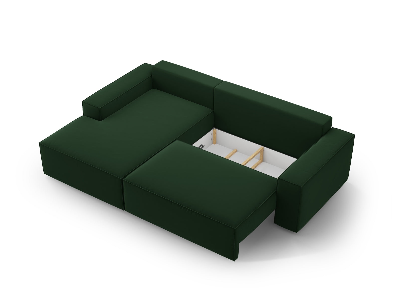 Stylisches Jodie Velour Ecksofa in tiefem Grün, linksseitig, bietet eine praktische Schlaffunktion und versteckten Stauraum für mehr Ordnung.