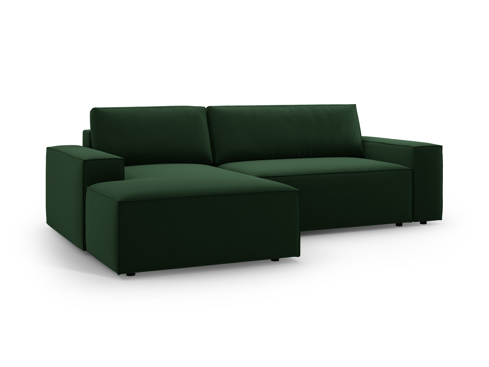 Stylisches Jodie Velour Ecksofa in tiefem Grün, linksseitig, bietet eine praktische Schlaffunktion und Stauraum für optimale Raumnutzung.