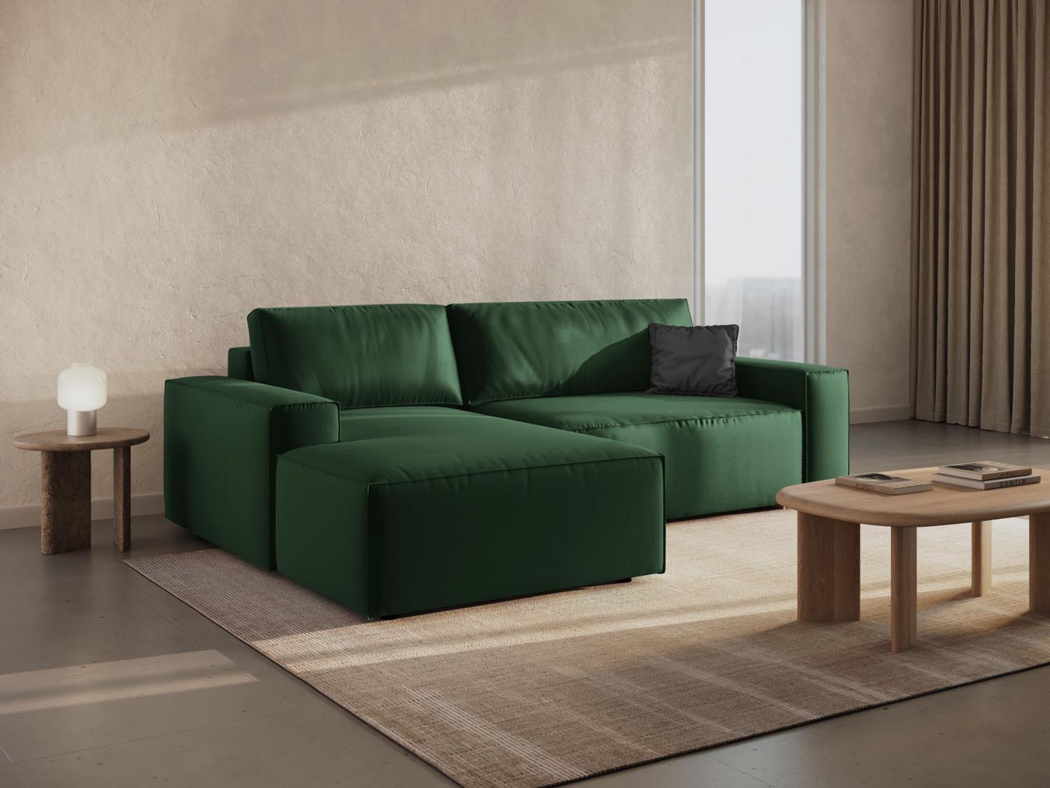 Elegantes Jodie Velour Ecksofa in Flaschengrün, linksseitig, mit Schlaffunktion und Stauraum, ideal für stilvolle Wohnräume.