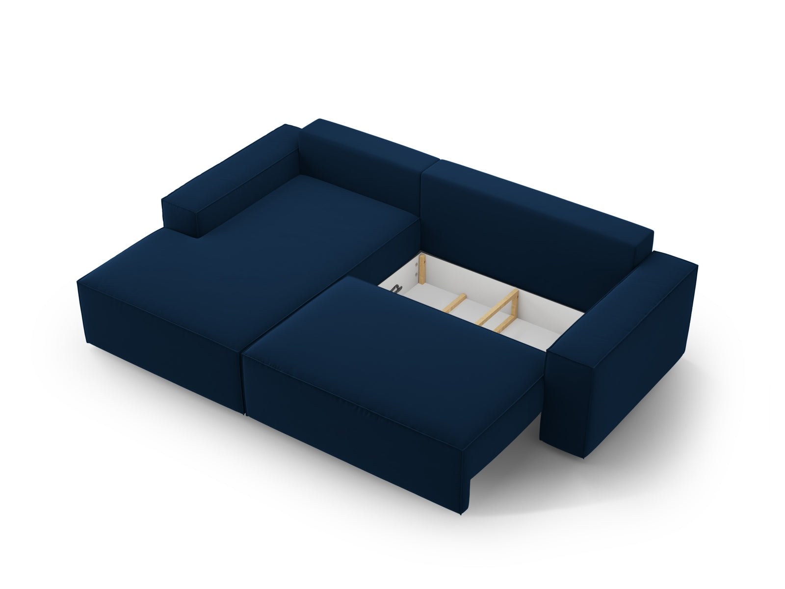 Stylisches Jodie Velour Ecksofa in tiefem Royalblau, linksseitig, bietet eine praktische Schlaffunktion und versteckten Stauraum für mehr Ordnung.