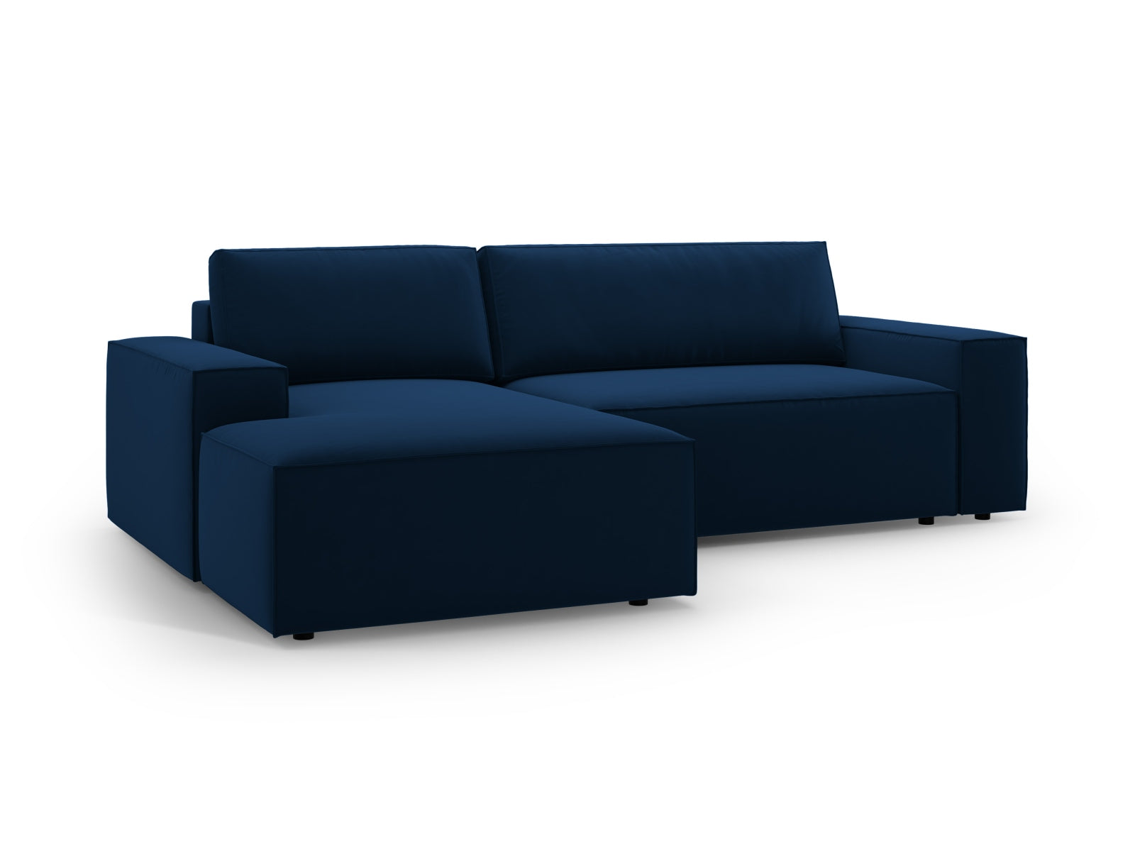 Stylisches Jodie Velour Ecksofa in tiefem Blau, linksseitig, bietet eine praktische Schlaffunktion und Stauraum für optimale Raumnutzung.