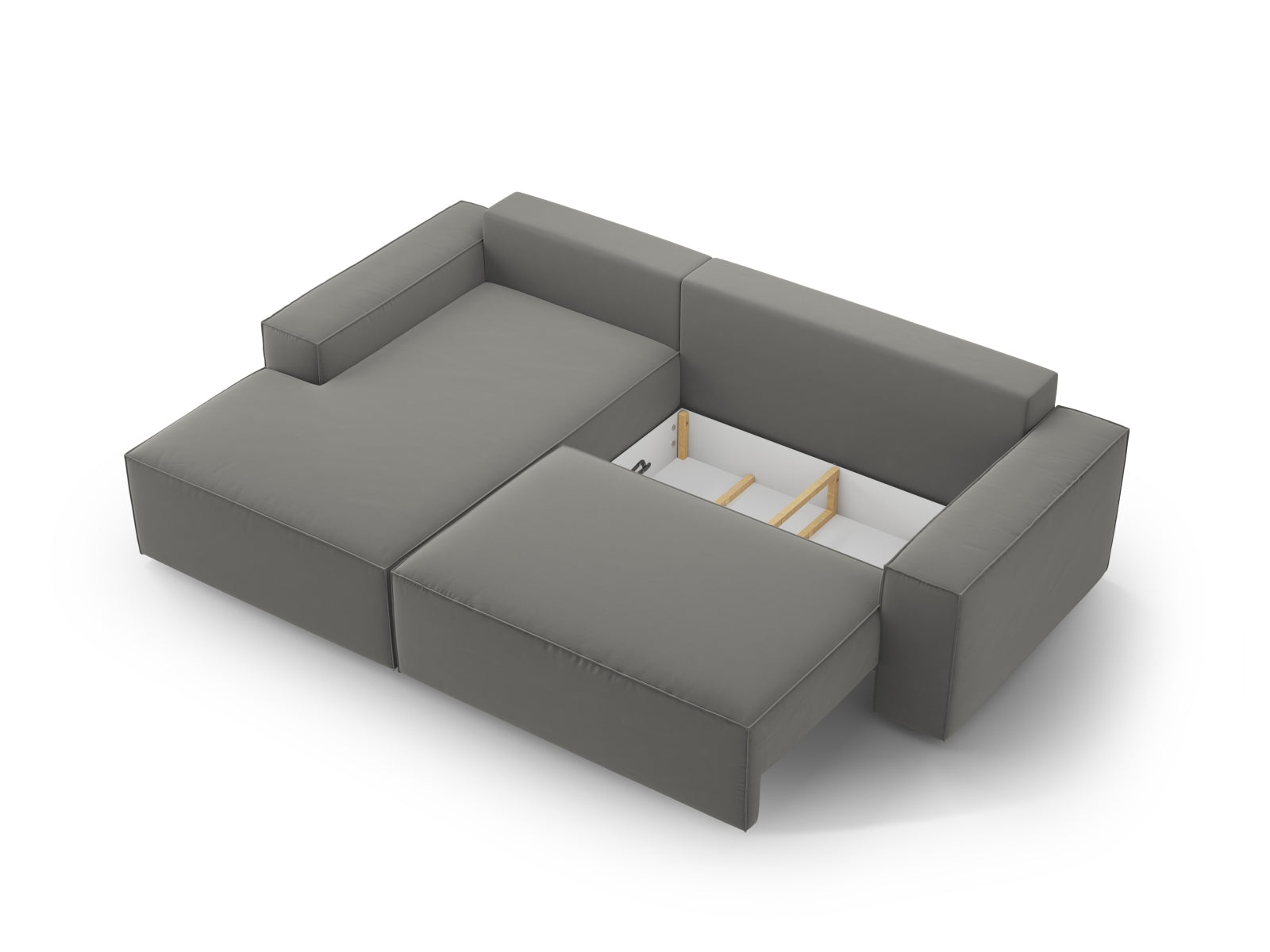 Stylisches Jodie Velour Ecksofa links in sanftem Grau, perfekt für moderne Wohnzimmer, mit praktischer Schlaffunktion und integriertem Stauraum.