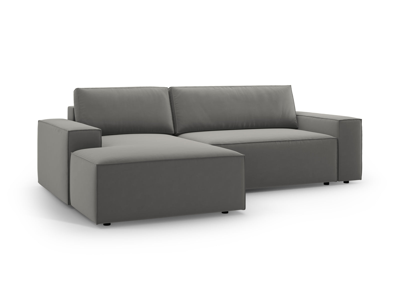 Modernes Jodie Velour Ecksofa links in sanftem Grau, perfekt für gemütliche Abende, mit Schlaffunktion und integriertem Stauraum.