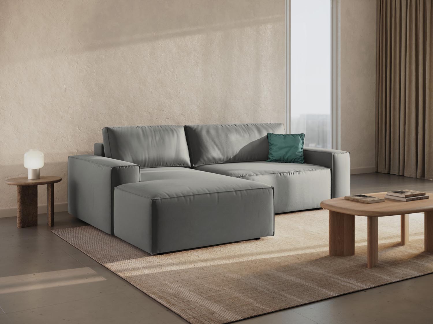Elegantes Jodie Velour Ecksofa links in Hellgrau mit Schlaffunktion und Stauraum, ideal für stilvolle Wohnräume.