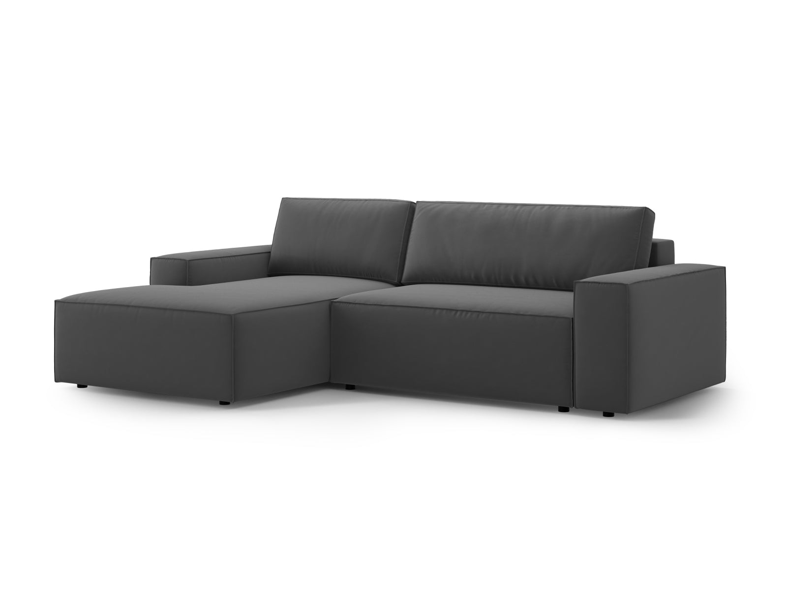 Modernes Jodie Velour Ecksofa links in sanftem Grau-Blau, perfekt für gemütliche Abende, bietet Schlaffunktion und Stauraum.