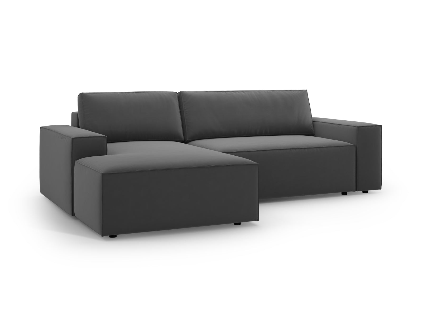 Modernes Jodie Velour Ecksofa links in edlem Grau-Blau, perfekt für gemütliche Stunden und als Schlafsofa mit zusätzlichem Stauraum.