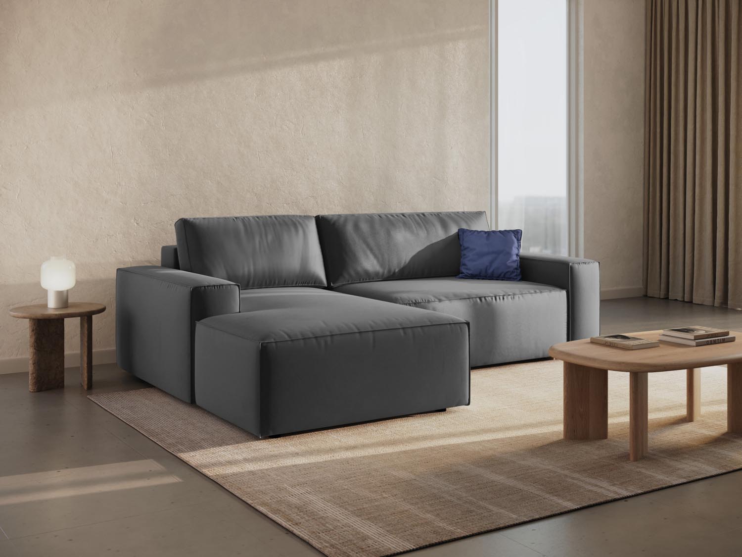 Elegantes Jodie Velour Ecksofa links in Grau-Blau, ideal für stilvolle Wohnräume, mit praktischer Schlaffunktion und Stauraum.
