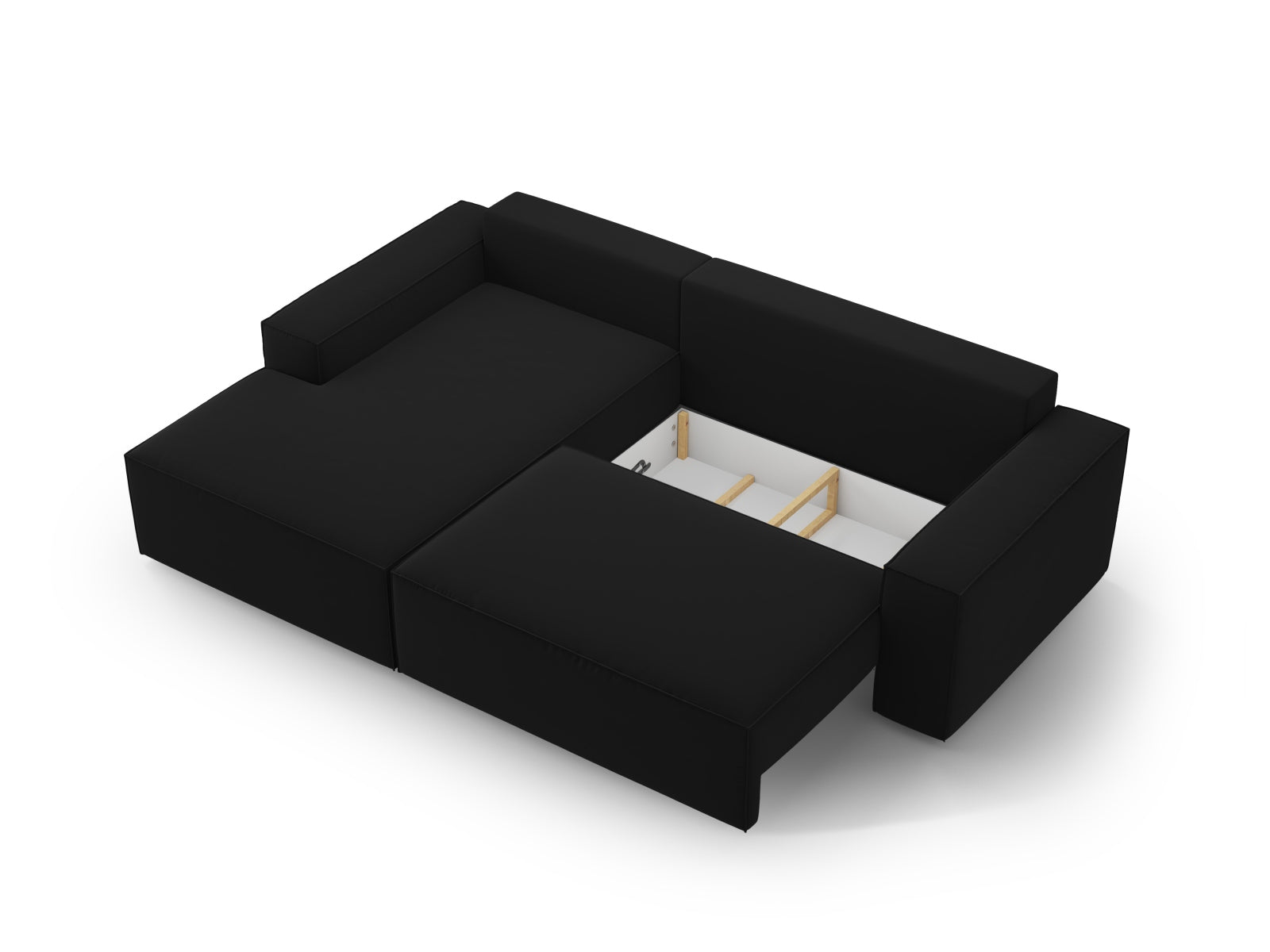 Modernes Jodie Velour Ecksofa links in edlem Schwarz-Bluvel, bietet Komfort, Schlaffunktion und praktischen Stauraum für Ihr Zuhause.